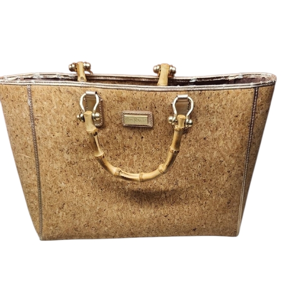 Lilly Pulitzer Handbags - Lilly Pulitzer Tan and Cork Tote Bag with Rose Gold Lining
